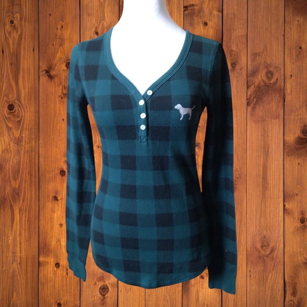 Victoria’s Secret PINK Size Small Green/Black Checked Pullover Pajama Top